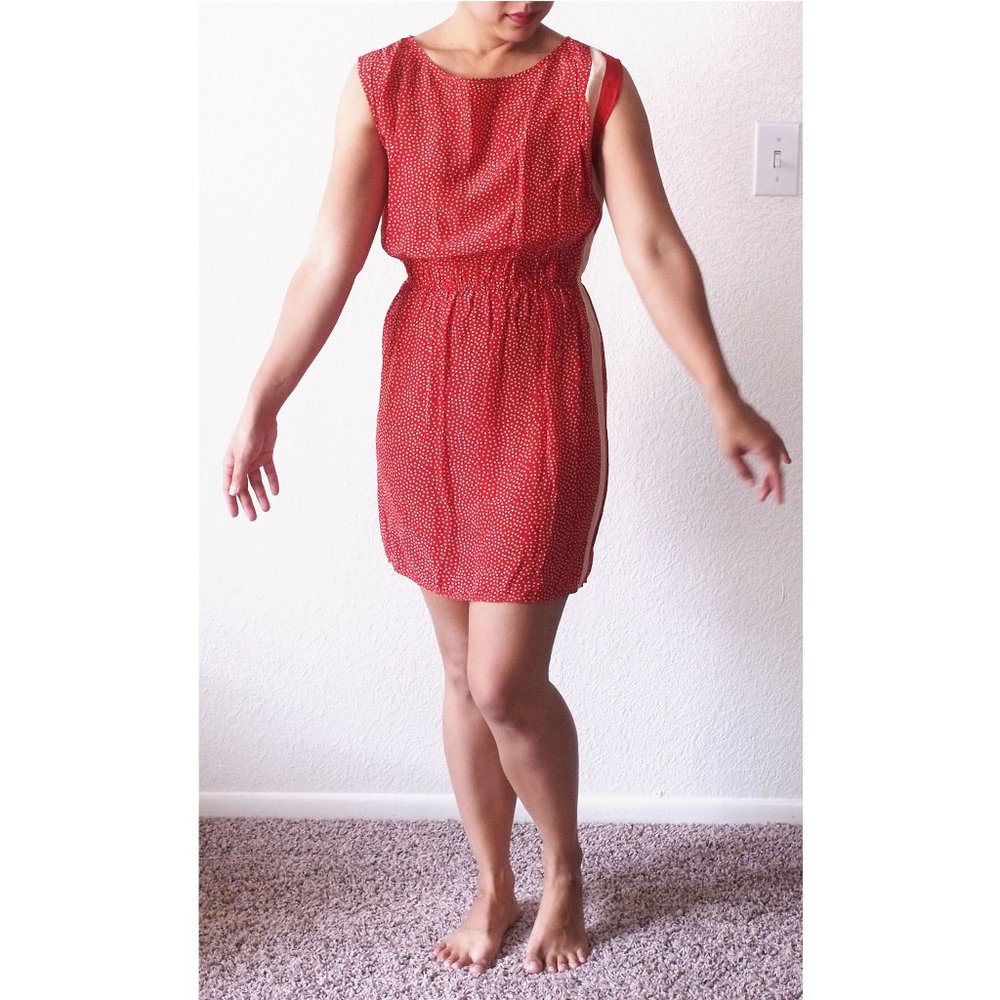 Urban Outfitters red silk polka dot stripe dress XS